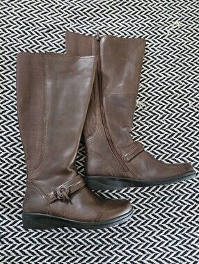 NWOT Clarks Whiskey Brown Knee-High Stretchy Calf Leather/Mix Boots